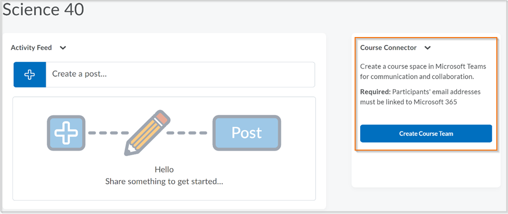 Figura: O Course Connector para o widget do Microsoft Teams em uma página inicial