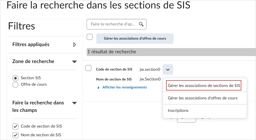 La page Rechercher des sections du SIS, dans laquelle l'option Gérer les associations de sections du SIS est mise en évidence.