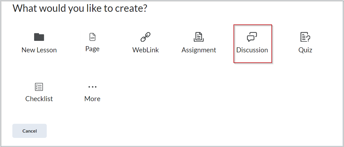 The What would you like to create? page showing the Discussion option.