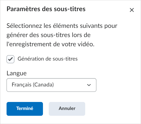 La boîte de dialogue Paramètres des sous-titres comprend l'option Générer des légendes, qui est activée, et le menu déroulant Langue indique que la présentation est en anglais américain.