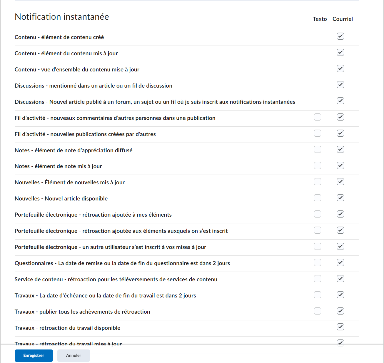 L’option permettant d'activer l’envoi de notifications instantanées par courriel pour les composantes du cours.