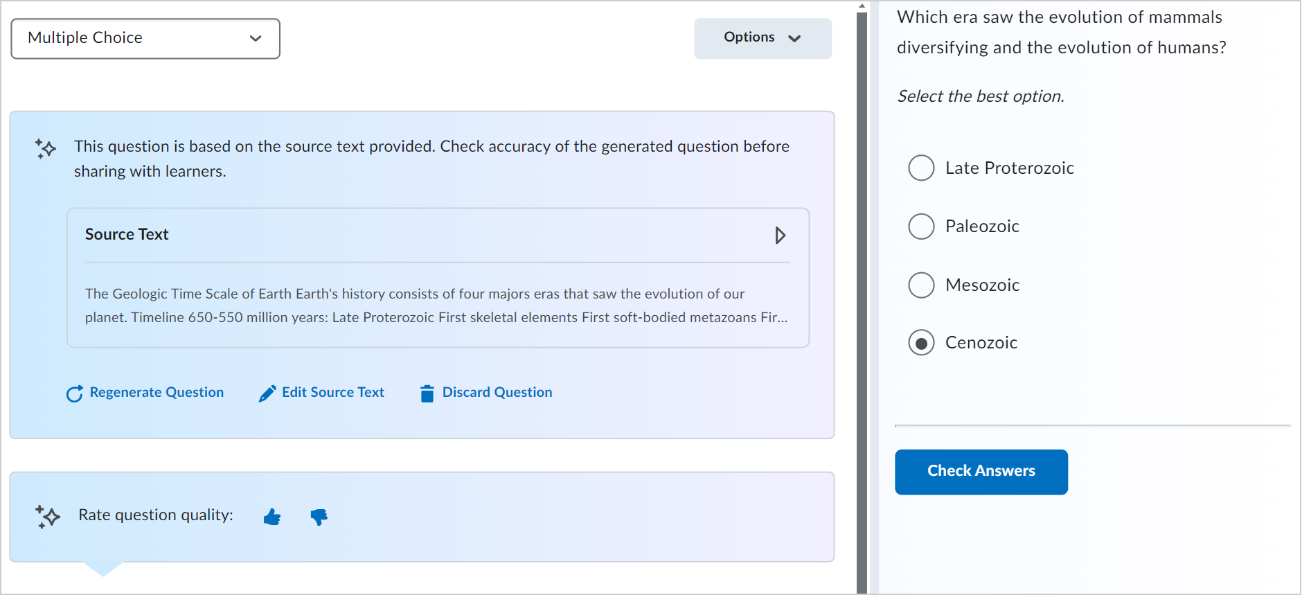 A generated question showing the Regenerate Question, Edit Source Text, and Discard Question options. The thumbs up ad thumbs down are also available below.