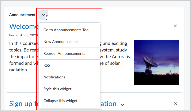 As an example, the Announcements widget Actions drop-down is displayed