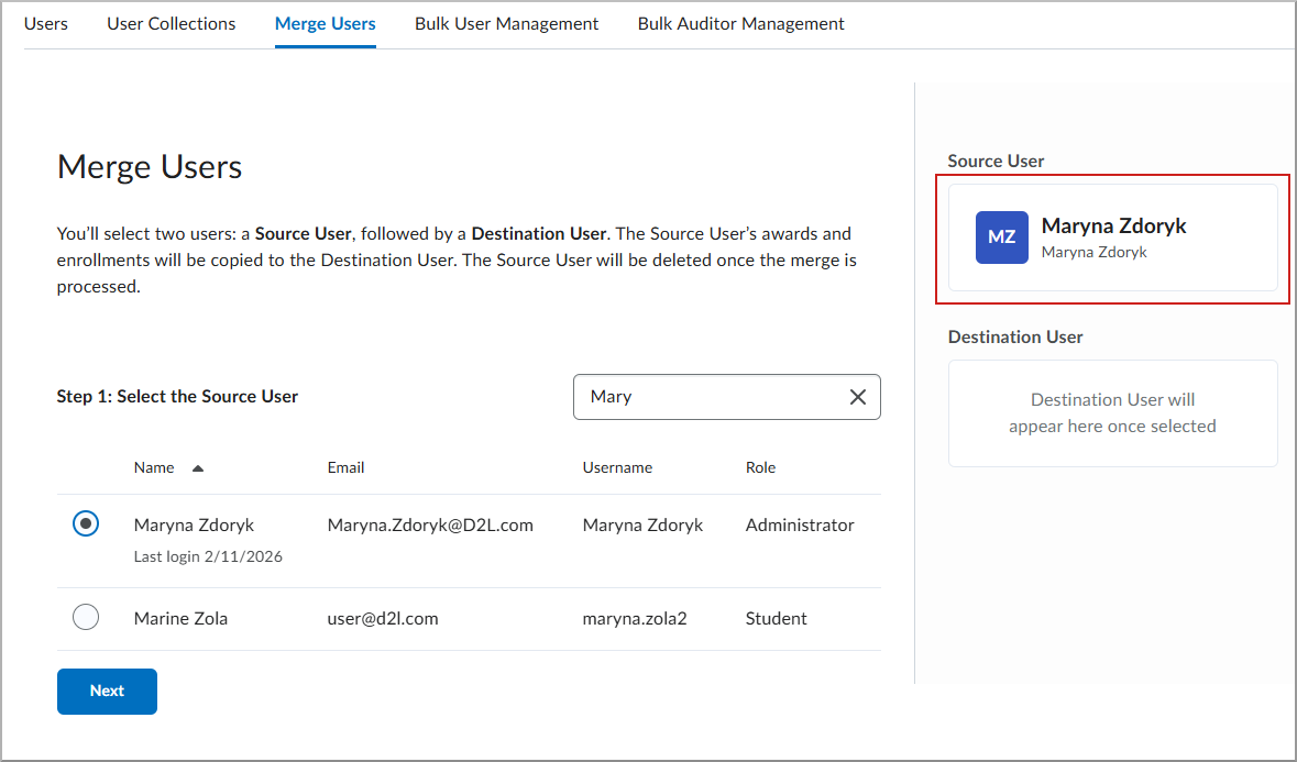 Source user displayed in the Source User panel