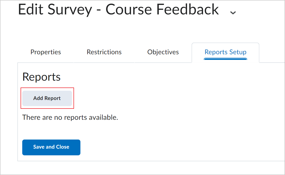 The Add Report option on the Reports Setup page.