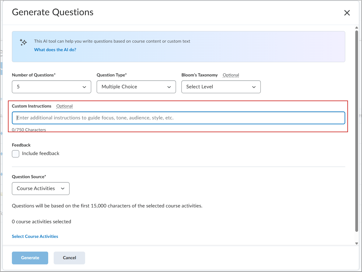 Generate Questions dialog showing Custom Instructions field.