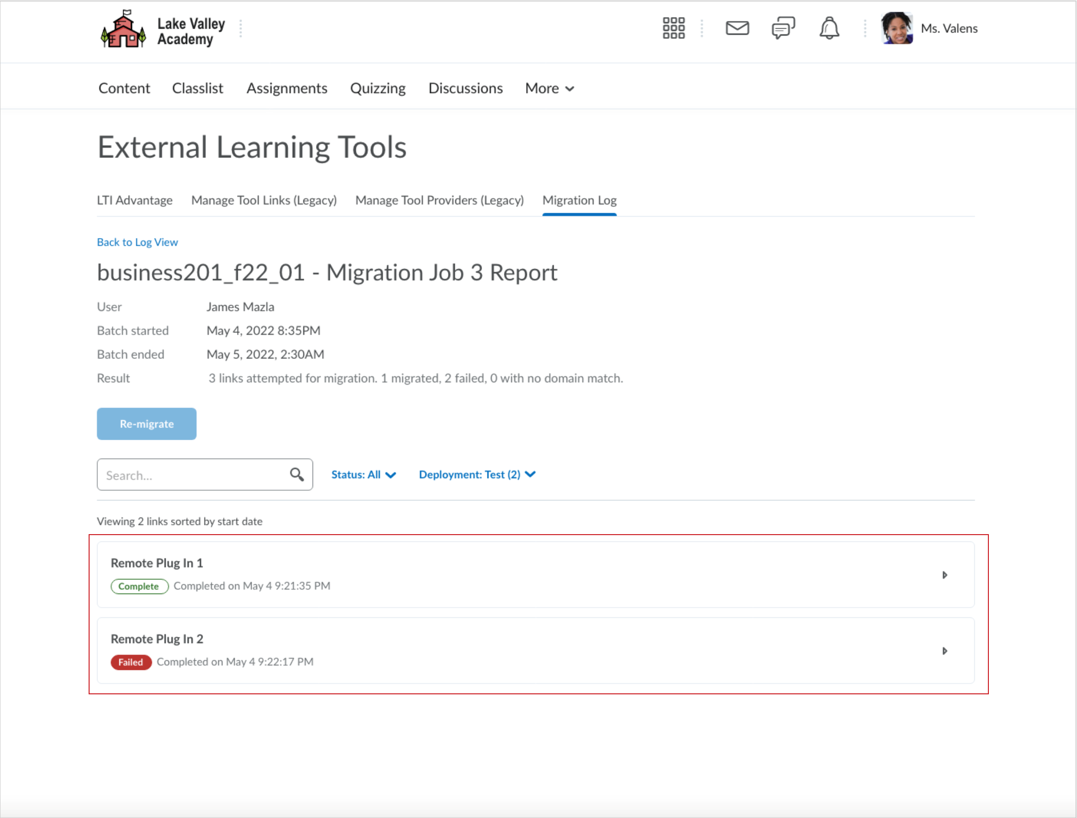 The Migration Log tab showing a report for a migration job. A filter for start dates is applied at the bottom.