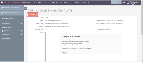 The Edit button for a PDF Invoice Email Template