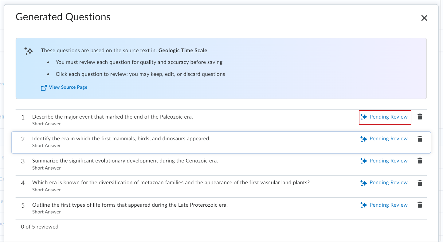 The Pending Review option is next to each generated quiz question