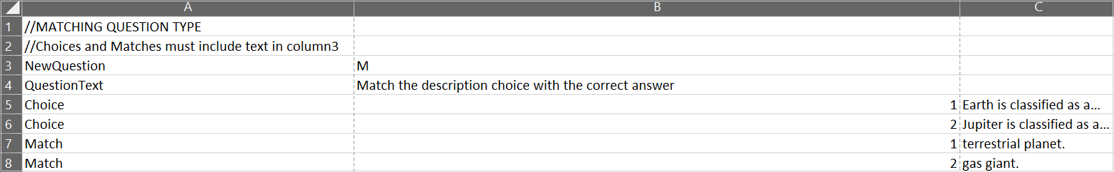 An example of a CSV file with a matching question added.