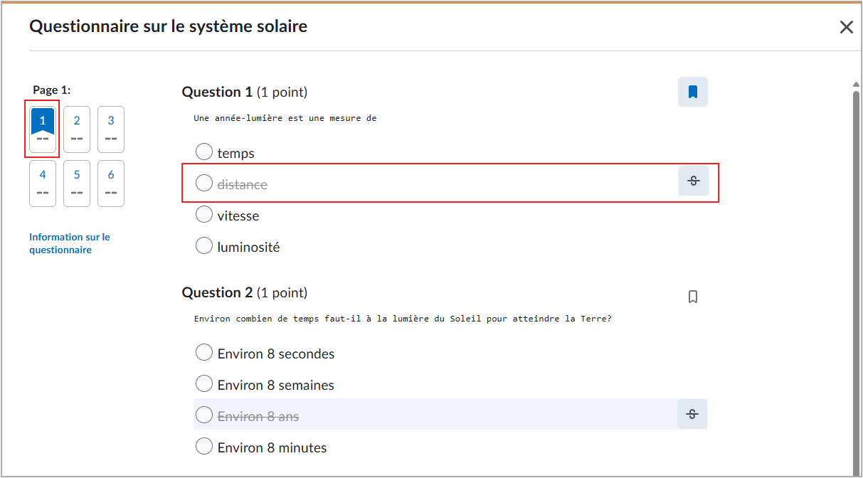 L'interface du questionnaire affiche les questions à choix multiples, les questions marquées d'un drapeau-indicateur étant mises en évidence et une option de réponse biffée.