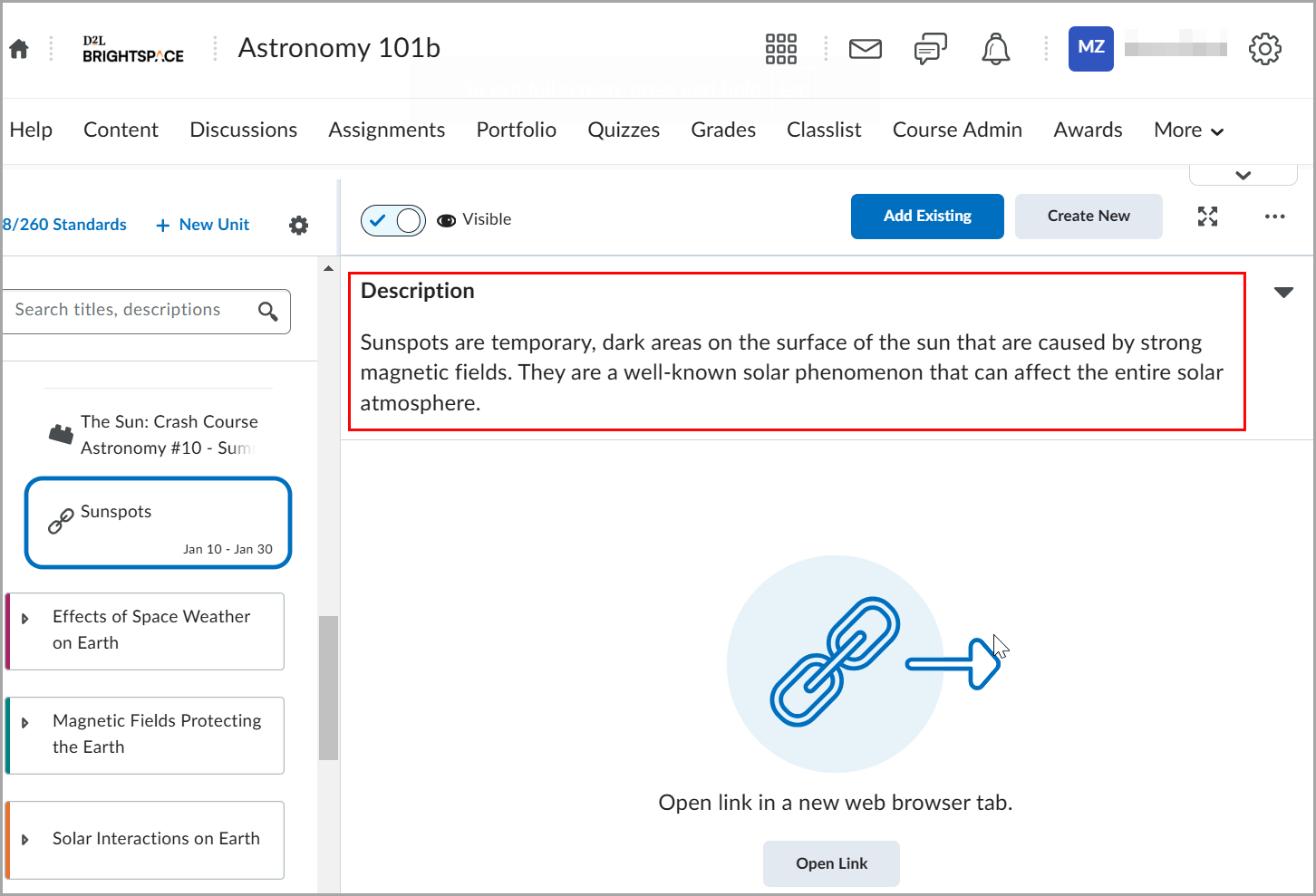 Brightspace course page displays a description of a topic and an open link icon.