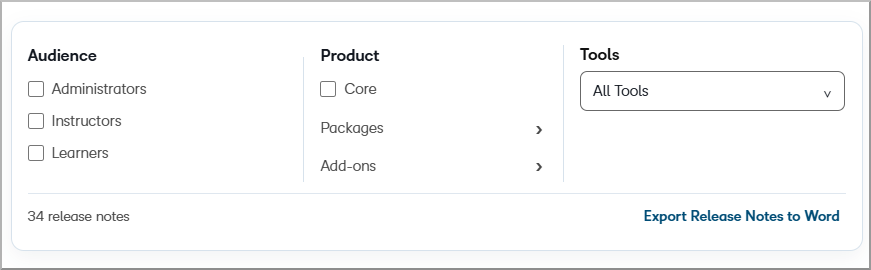 Brightspace Release Notes filters for audience, product, and tools.