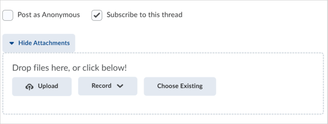Upload, Record, and Choose Existing options in the Add Attachments view.