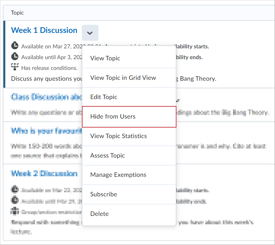 The Actions menu for a discussion topic showing the Hide from Users option.