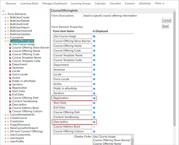 The CourseOfferingInfo Form Elements page.