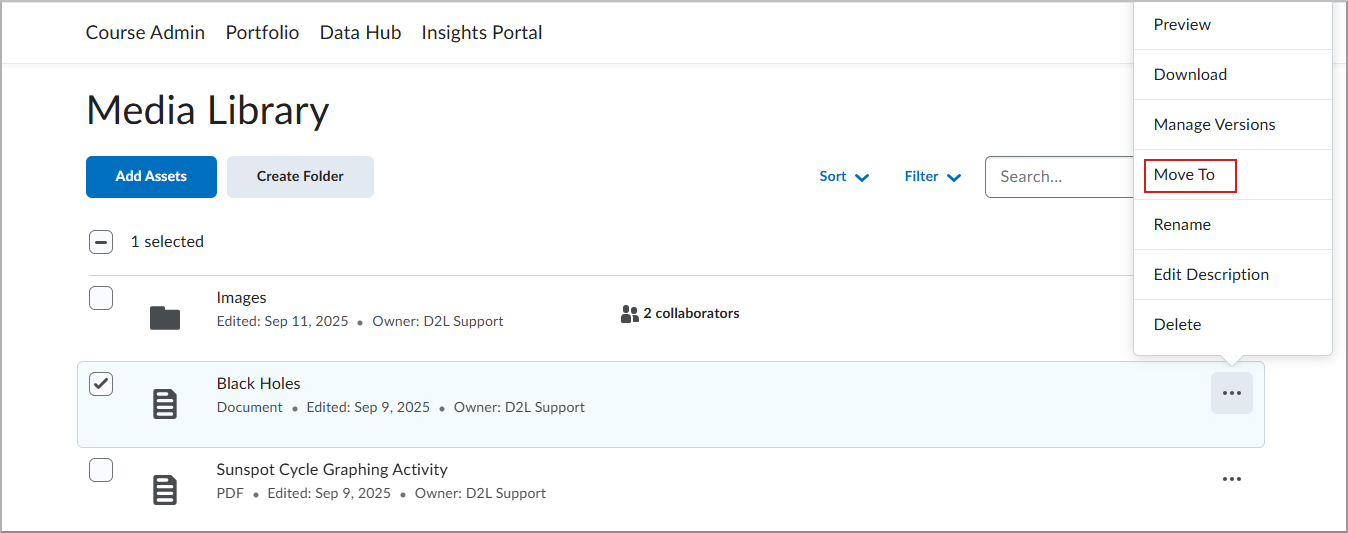 شاشة مكتبة الوسائط تُظهر تحديد الملف.