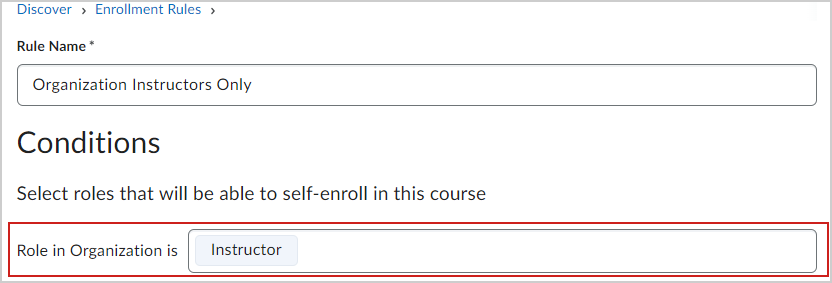 El campo Rol en la organización en la página Crear regla de inscripción.