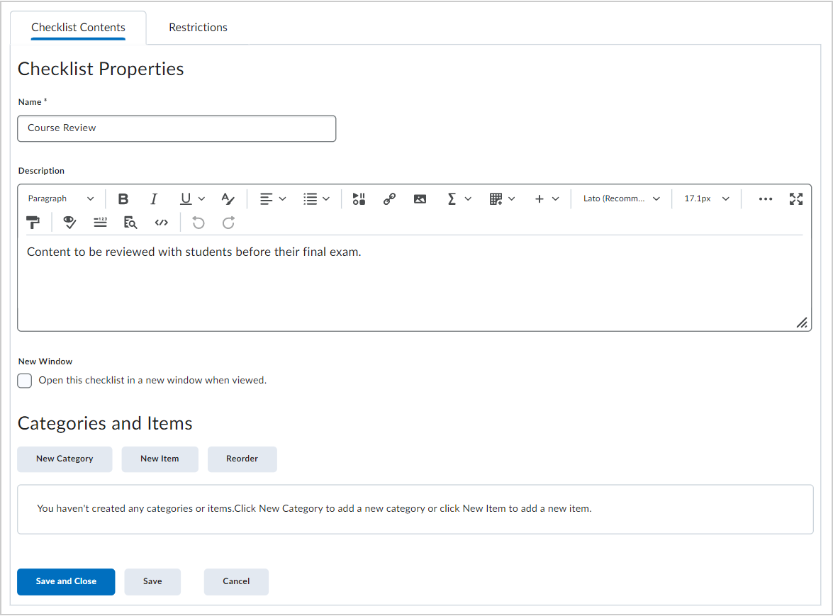 The Checklist Properties and Categories and Items sections in the Checklist Contents tab.