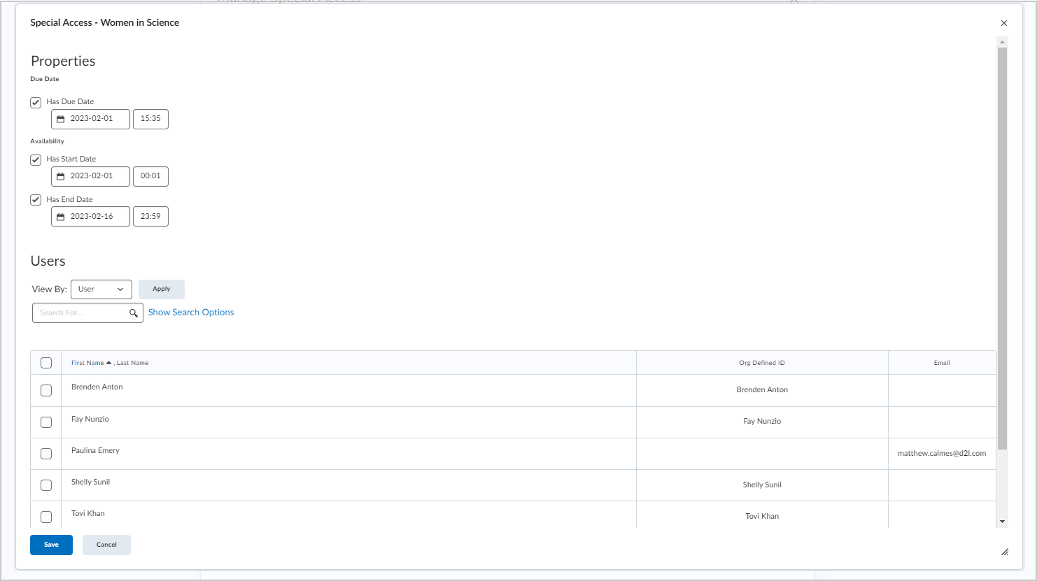 The Properties and Users sections in the Special Access dialog.