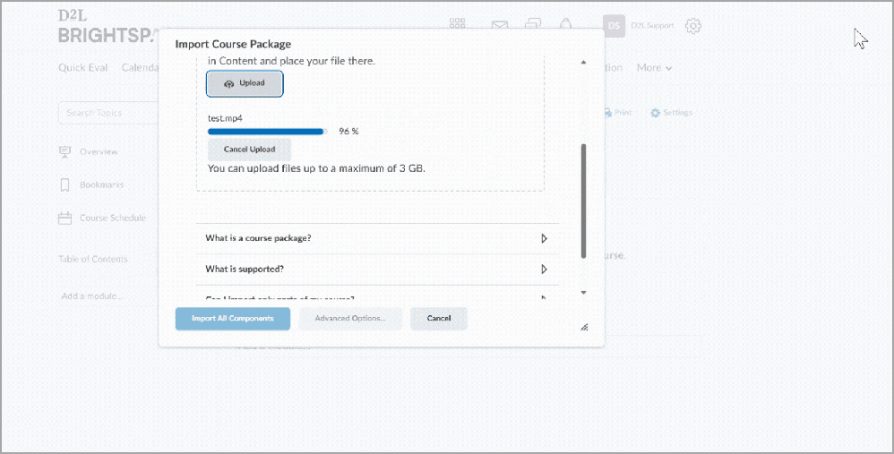 Barra de progresso mostrando atualizações durante o processo de adição de um módulo ao Índice no D2L Brightspace.