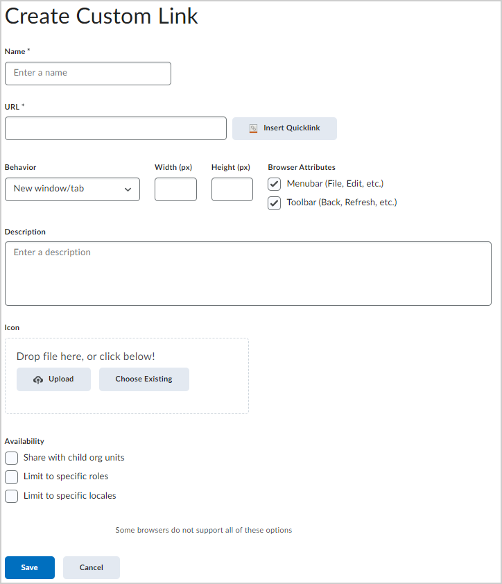 The Create Custom Link page showing the fields for creating a custom link.