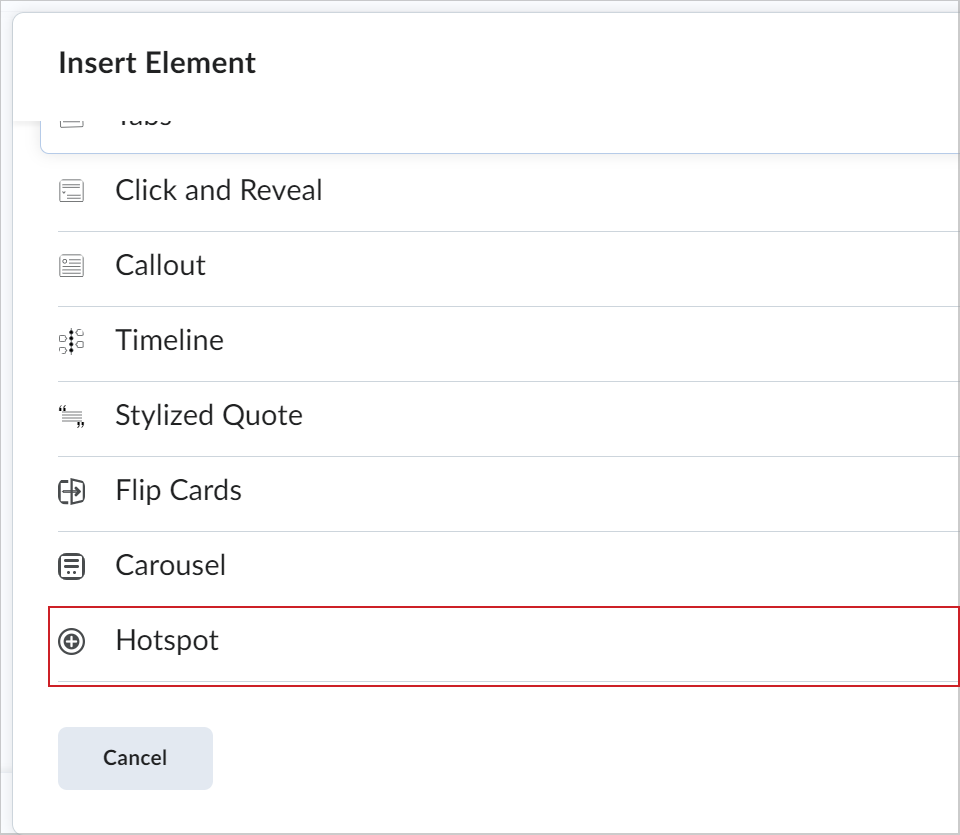 De tool Hotspot gemarkeerd in het dialoogvenster Element invoegen