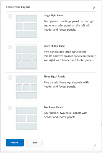 The Select New Layout page showing the various layout options. You can select an option by clicking the corresponding radio button and then clicking Update.