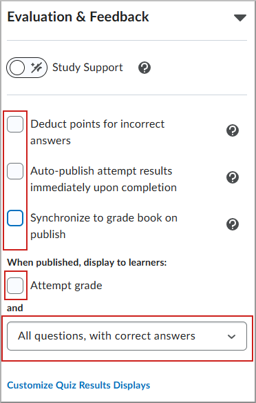 Cuadro de diálogo Evaluación y comentarios con las opciones de visualización del cuestionario activadas.