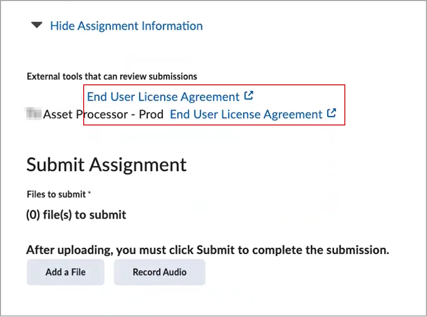End User License Agreement links appear on the Assignment submission page