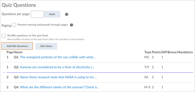 The Quiz Questions page in Classic Experience. The Add/Edit Questions button opens the a dialog box which lists the available questions.