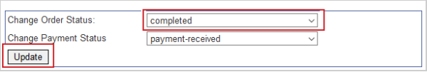 The Change Order Status and Change Payment Status drop-down menus. The Update button is below.