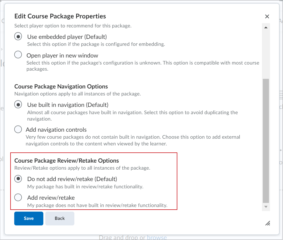 The Course Package Review/Retake Options section.