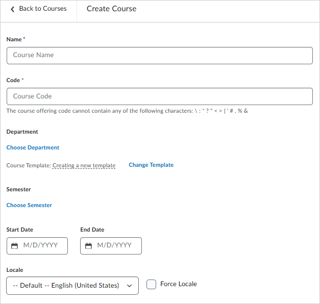 The Create Course page. The Name and Code fields are empty.