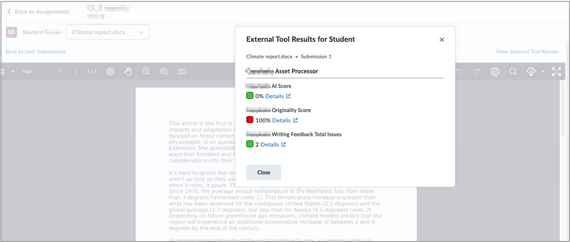 A pop-up titled External Tool Results for Student appears in the evaluation view