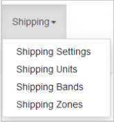 The Shipping drop-down menu showing links for settings and pricing