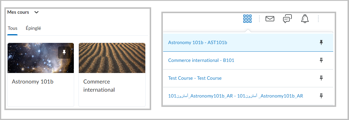 Le composant graphique Mes cours et le sélecteur de cours de la page d’accueil de votre organisation vous permettent de naviguer vers vos cours.