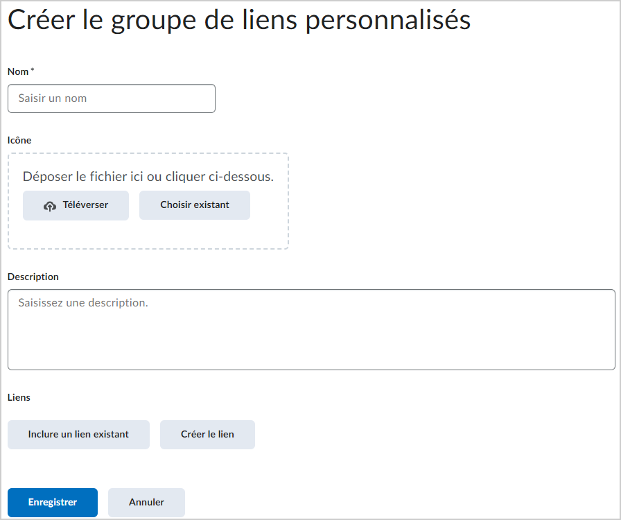 La page Créer un groupe de liens personnalisés.