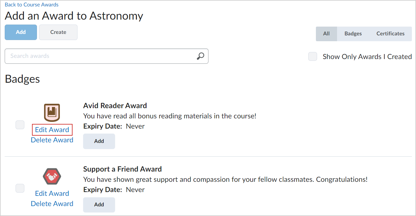 The Edit Award option.