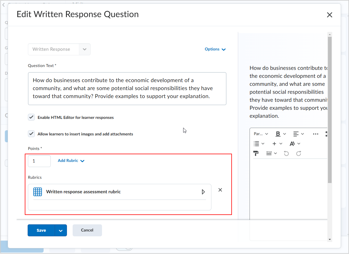 A rubric appears attached to a written response question on the Edit Written Response Question window