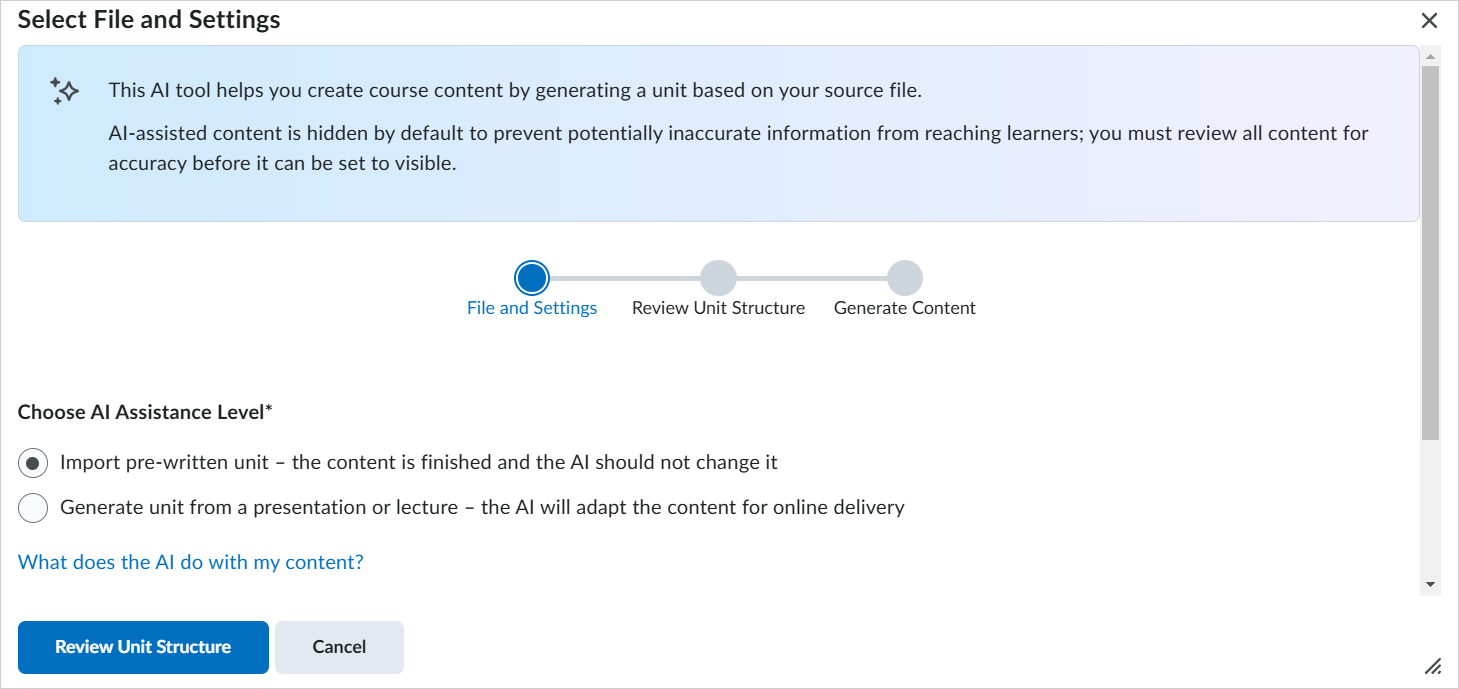 El cuadro de diálogo Seleccionar archivo y configuración. Hay dos opciones disponibles en Elegir el nivel de asistencia de IA. Se selecciona Importar unidad preescrita.