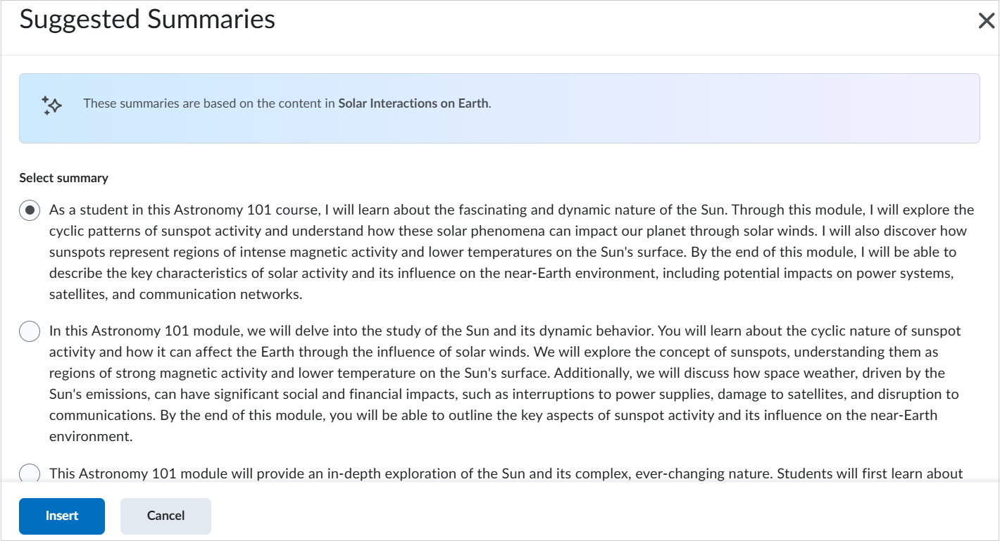 The Suggested Summaries dialog. Under Select summary, the first summary which is written for a student is selected.