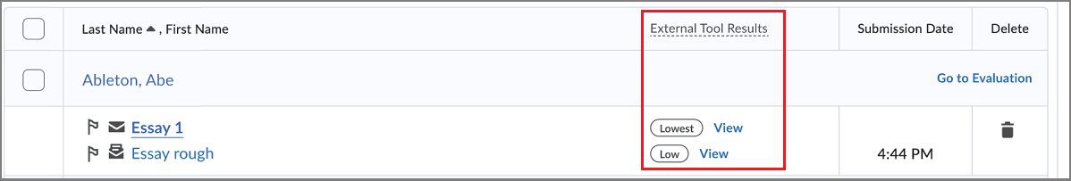 View links appear in the External Tool Results column for 2 assignments submissins from one user