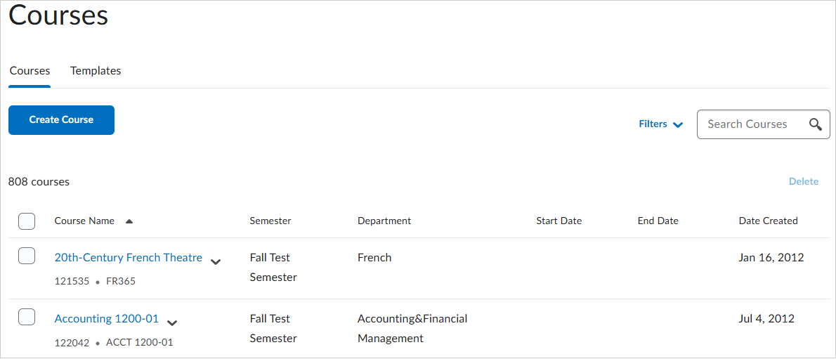 The Courses page with the Courses tab and Templates tab. A button is labeled as Create Course, and there is a list of courses.