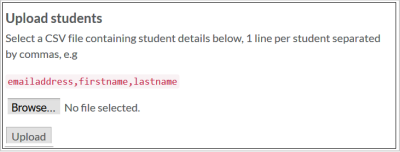 Adding students in bulk via a CSV file on the Upload students page. The Browse and Upload buttons appear.