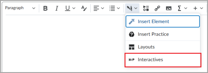 La barre d'outils de l'Éditeur de Brightspace dans laquelle le menu déroulant Insérer est développé. L'option Éléments interactifs est mise en évidence avec une bordure rouge.