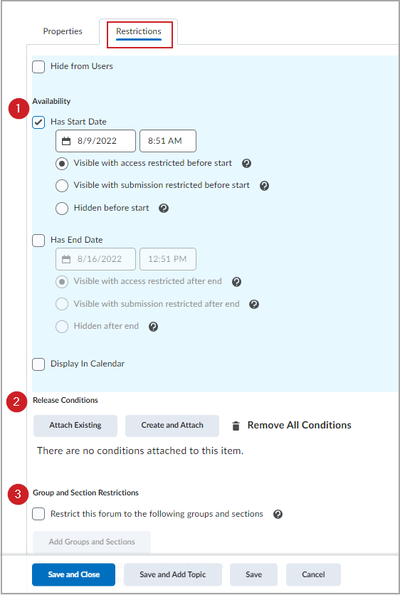 The Restrictions tab with Availability, Release Conditions, and Group and Section Restrictions.