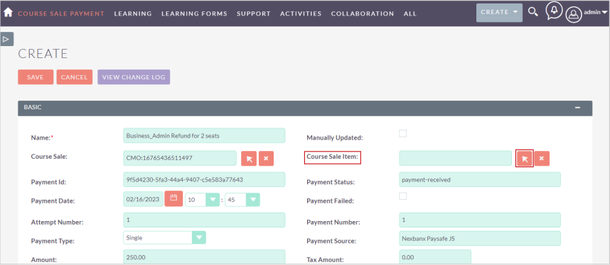 The Course Sale Item field with the arrow icon