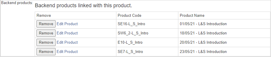 Los botones Eliminar y Editar productos se muestran para los productos backend