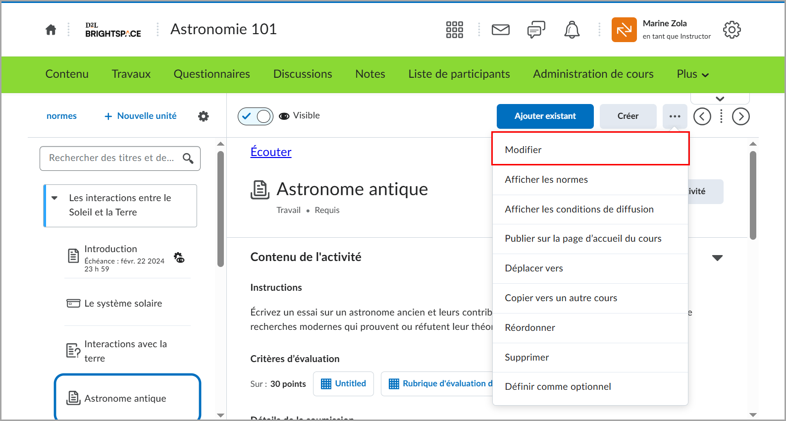 Le menu Options de l'outil Contenu comprend l'option Modifier un sujet de contenu.